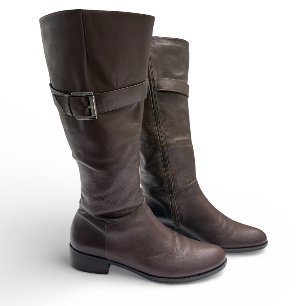 Shutz Women’s Premium Leather Buckle Riding Boots Dark Brown Size 8